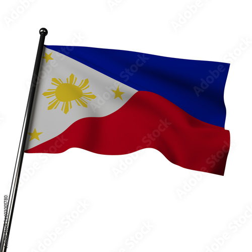 Philippine 3d flag blowing in the wind. It has a white equilateral triangle and two horizontal stripes, blue and red.