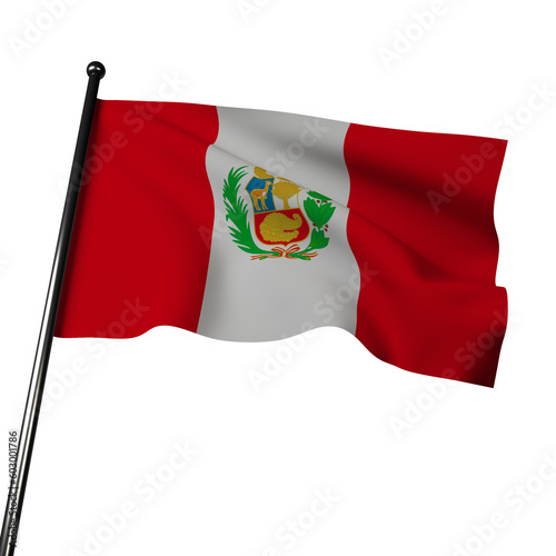 The Peru flag waves in 3D, displaying three vertical stripes of red, white, and red. In the center, the national coat of arms features a golden vicuña