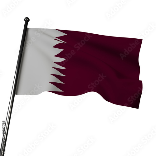 The Qatar flag waves in 3D, with a maroon band symbolizing bravery, peace in white, and nine serrated edges representing the municipalities. It embodies unity, heritage, and progress.