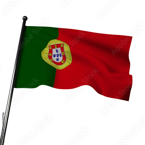 The Portugal flag flutters in 3D, made with two vertical bands of green and red, with the national coat of arms centered on the green stripe.