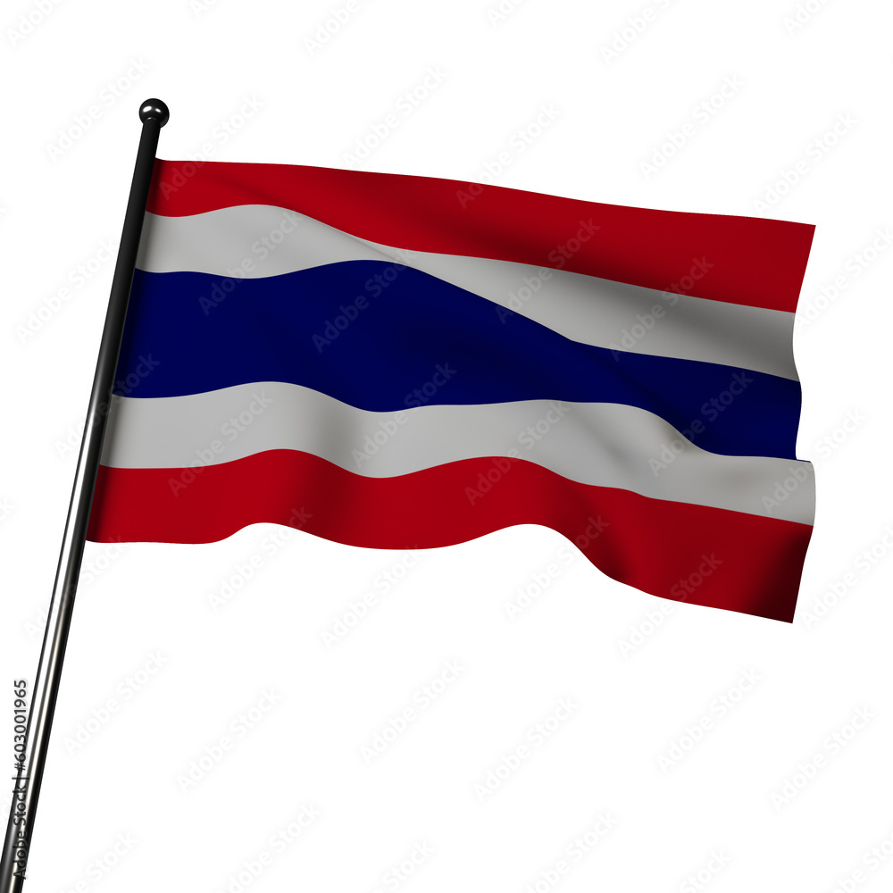 Obraz premium Thailand's flag in 3D waving in the wind, isolated on gray. It has horizontal bands of red, white, and blue. The colors represent the nation, religion, and monarchy.