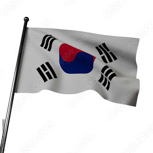 Illustration of South Korea's flag waving in the wind, isolated on a gray background. The flag features a red and blue Yin-Yang symbol, called Taeguk, in the center
