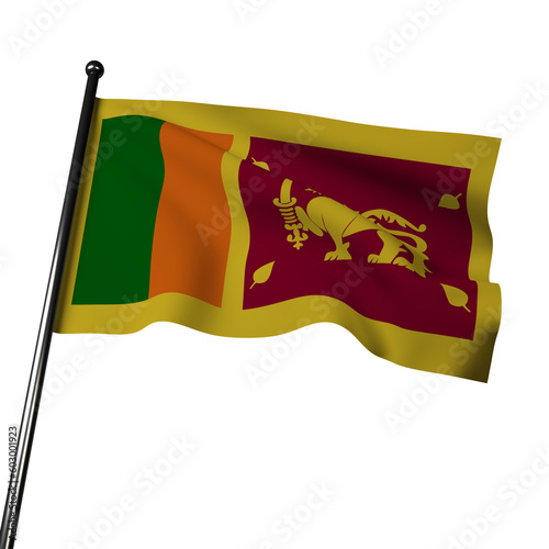 Sri Lanka's 3D flag waving in the wind, isolated on a gray background. The flag features a gold lion holding a sword on a maroon background.