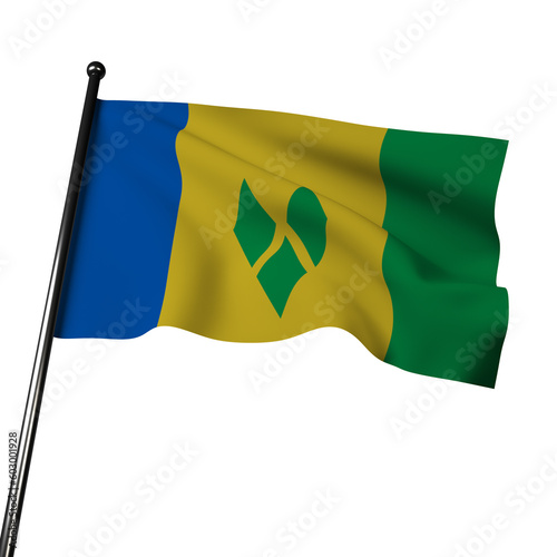 Illustration of St. Vincent and the Grenadines' flag waving in the wind, isolated on a gray. The flag has three vertical bands of blue, yellow, and green, with three green diamonds in the center.