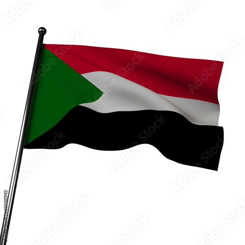 3D Sudan's flag waving in the wind, isolated on gray. The flag features horizontal bands of red, white, and black, with a green triangle on the hoist side. 