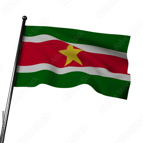 3D Suriname's flag waving in the wind, isolated on a gray. The flag has horizontal bands of green, white, and red, with a yellow star in the center. 