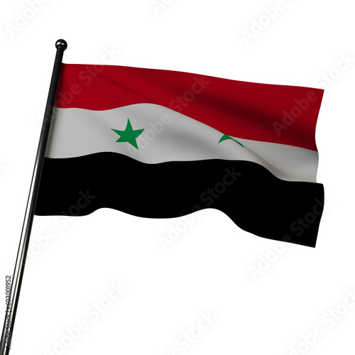 Syria's 3D flag waving in the wind, isolated on a gray. The flag has three horizontal bands of red, white, and black, with two green stars in the center. 