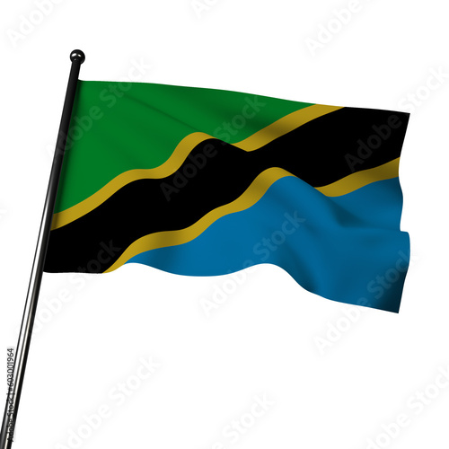 Tanzania's 3D flag waving in the wind, isolated on gray. The flag has horizontal bands of green, yellow, black, and blue. 