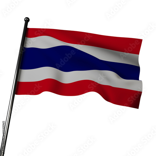 Thailand's flag in 3D waving in the wind, isolated on gray. It has  horizontal bands of red, white, and blue. The colors represent the nation, religion, and monarchy.