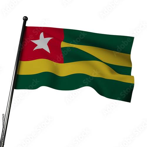 3D Togo flag waving in the wind, isolated on gray. The flag has horizontal bands of green, yellow, and red, with a white star in the corner. 