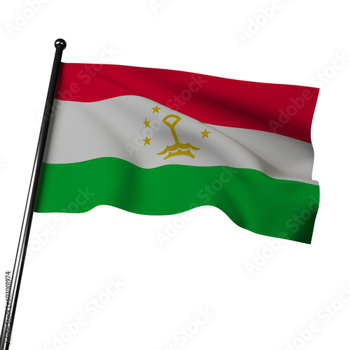 Illustration of Tajikistan's flag waving in the wind, isolated on a gray background.