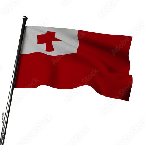 3D Tonga's flag waving in the wind, isolated on gray. The flag has a red field and a white rectangle in the corner with a red cross. Symbols of the monarchy and Christianity.