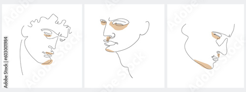 Line Art Poster with Men Face made of Black Line and Brown Stains isolated on a White Background. Vector Illustration of Man.Continuous Line Minimalist Portrait.Modern Art Print ideal for Poster,Card.