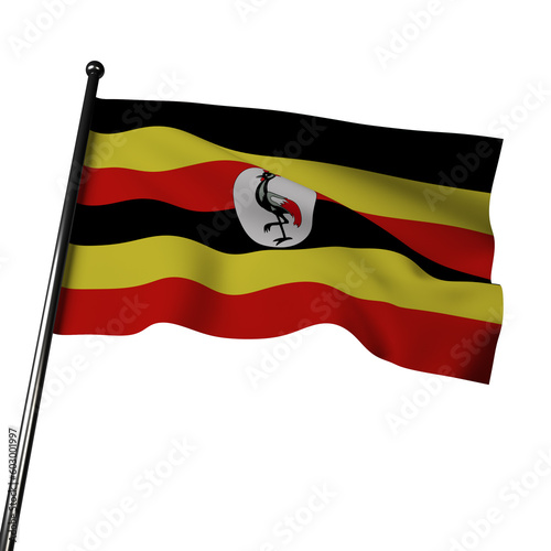 The flag of Uganda waves proudly in 3D, against a gray background. It consists of six horizontal stripes of black, yellow, and red, with a white circle in the center.