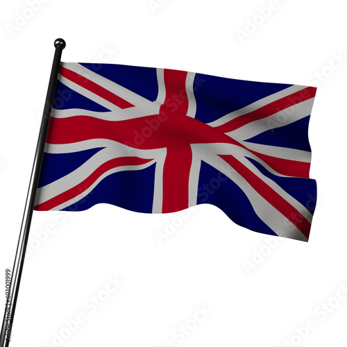 The United Kingdom's flag flies in 3D against a gray background. Known as the Union Jack, it combines the flags of England, Scotland, and Northern Ireland. 