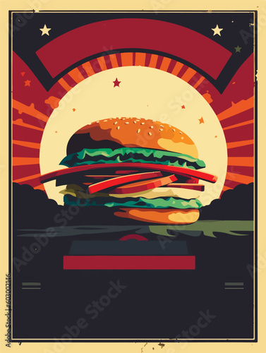 Hamburger poster. Old style poster art. Big burger on retro style. Fast food menu vector cover design. Space for text.