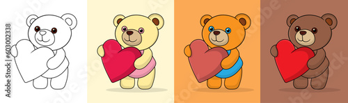 Set of funny cartoon teddy bears,teddy bear holding heart.vector illustration with outline.