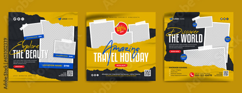 Adventure travel and tour business marketing social media post template. Travel sale web banner, flyer or poster. Travelling agency summer beach holiday promotion banner with brush stroke background. photo