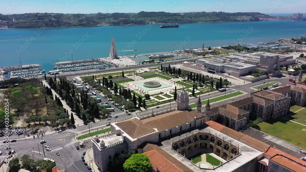 Aerial video of Marina Duca de Belham, and Padrao dos Descobrimentos Lisbon 