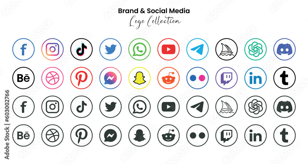 Popular social network symbols, social media logo icons collection ...