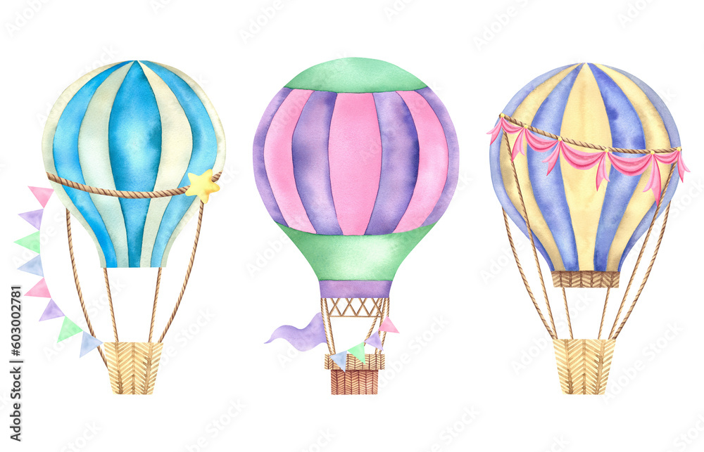 Obraz premium A set of balloons. Watercolor illustration on an isolated background. A journey through the sky. Children's room. Transport.
