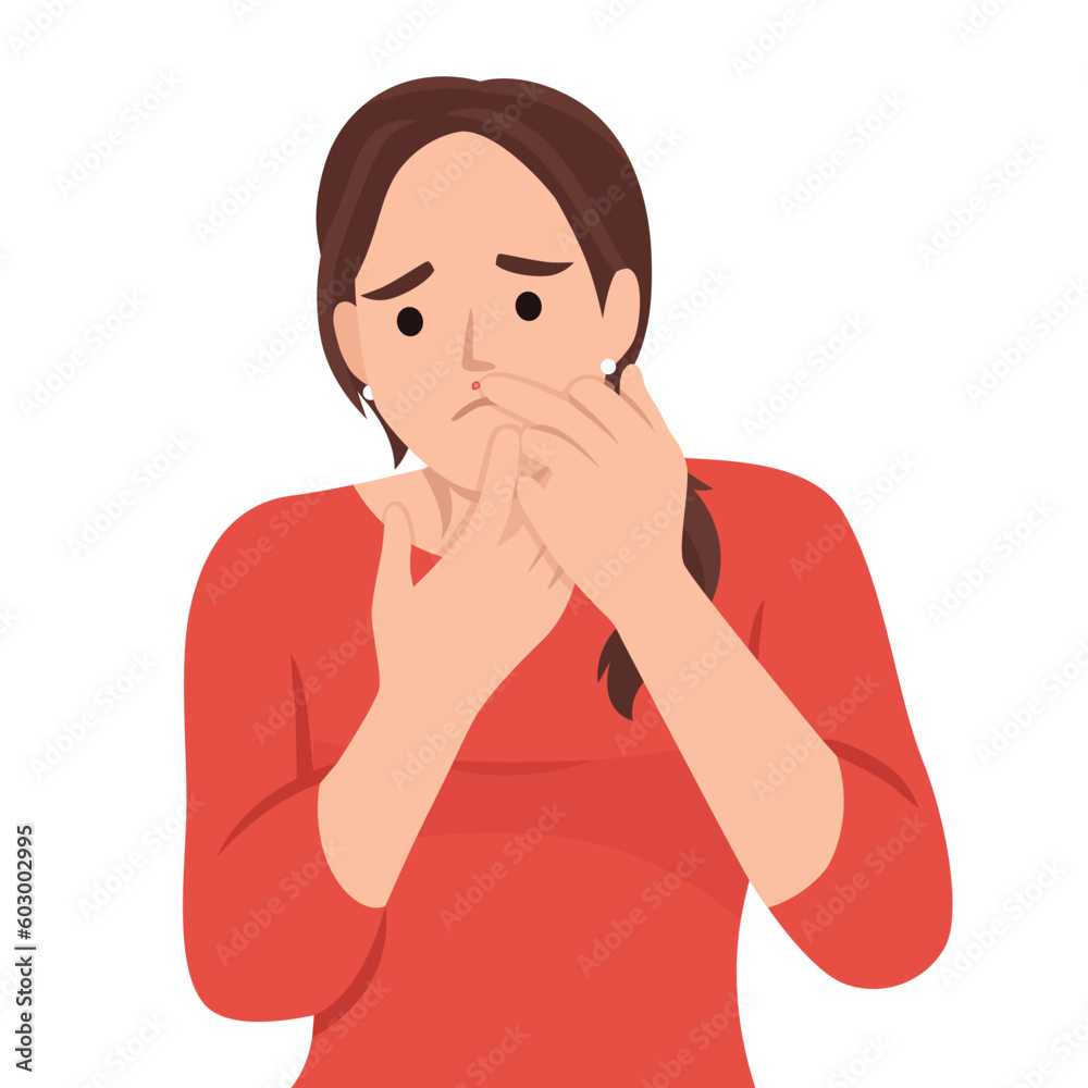The young girl with skin problems. Pimple-popping. Pimple problems. Healthcare illustration, medical infographic. Flat vector illustration isolated on white background The young girl with skin problems. Pimple-popping. Pimple problems. Healthcare illustration, medical infographic. Flat vector illustration isolated on white background