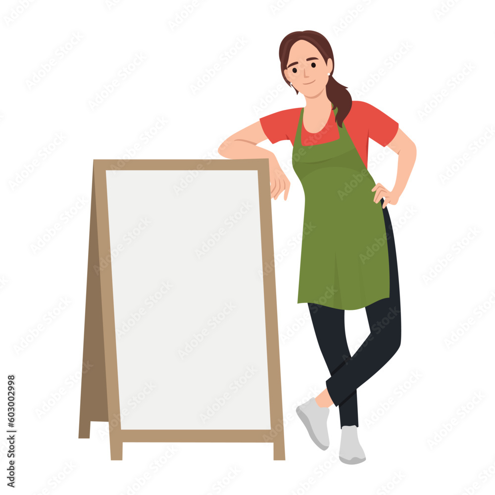 Cheerful small business owners standing welcoming with we are open written on a blackboard in front of a restaurant or coffee shop. Flat vector illustration isolated on white background Cheerful small business owners standing welcoming with we are open written on a blackboard in front of a restaurant or coffee shop. Flat vector illustration isolated on white background