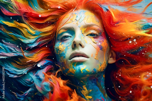 Creative colorful illustration of a young woman painted on face. Created with Generative AI technology.