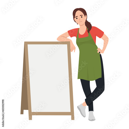 Cheerful small business owners standing welcoming with we are open written on a blackboard in front of a restaurant or coffee shop. Flat vector illustration isolated on white background