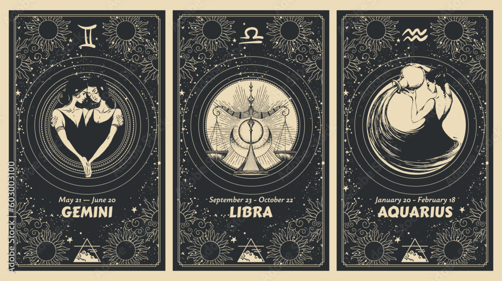 Gemini, Libra, Aquarius zodiac signs, air element, set of mystical astrology cards, horoscope banner with women on black background for stories. Vector boho hand drawing, magic design. - obrazy, fototapety, plakaty 