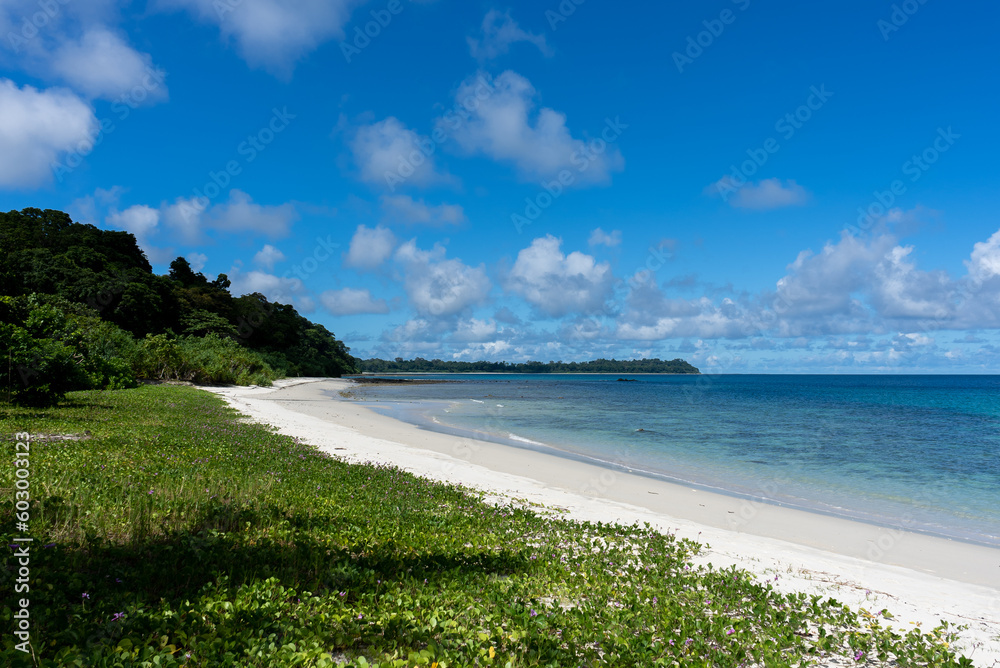 tropical beach in Andaman and Nicobar Islands, India, Asia.
The two islands Ross and Smith connected by a sandbar surrounded by crystal clear open sea waters is the aerial view of the islands.
