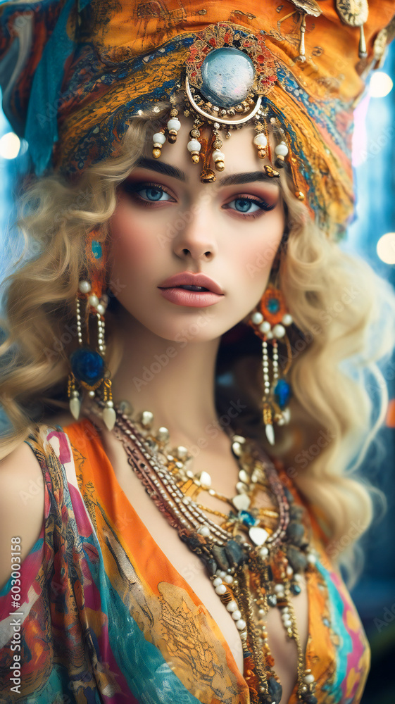 Beautiful colorful dressed hippie young woman. Created with Generative AI technology.