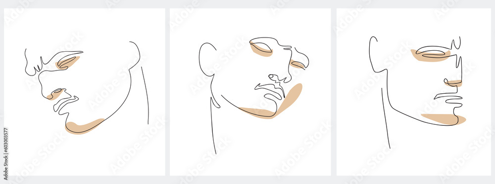Line Art Poster with Men Face made of Black Line and Brown Stains isolated on a White Background. Vector Illustration of Man.Continuous Line Minimalist Portrait.Modern Art Print ideal for Poster,Card.