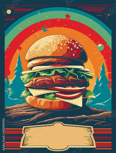Hamburger poster. Old style poster art. Big burger on retro style. Fast food menu vector cover design. Space for text.