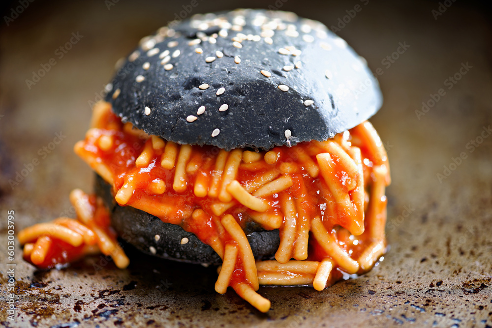 charcoal bun spaghetti sandwich