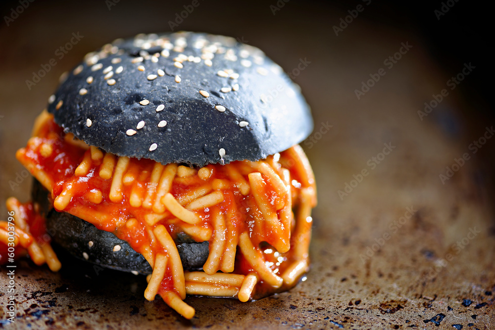 charcoal bun spaghetti sandwich