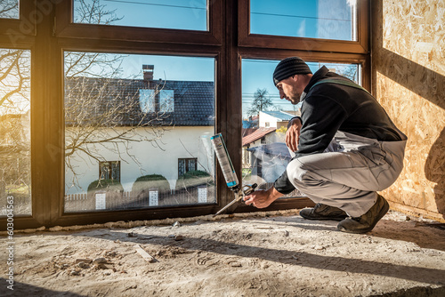 Canvas Print Worker is applying polyurethane foam to fill gap between sash and window frame