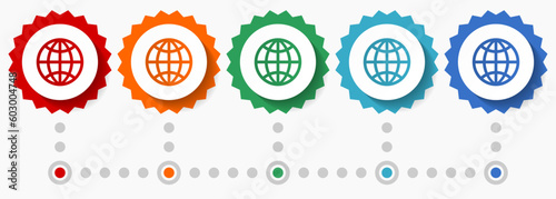 Globe, earth, world vector icon set, colorful infographic template, set of flat design badge icons in 5 color options