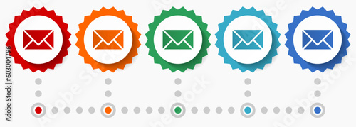 Email, envelope vector icon set, colorful infographic template, set of flat design badge icons in 5 color options