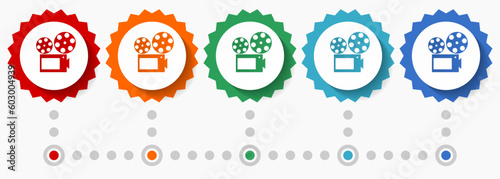 Movie camera, cinema vector icon set, colorful infographic template, set of flat design badge icons in 5 color options