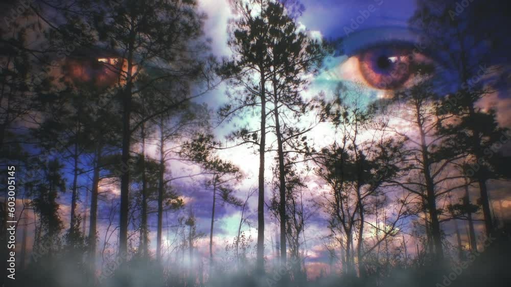 Wicked Sky Eyes Foggy Forest Spooky Scene. Spooky eye in the sky