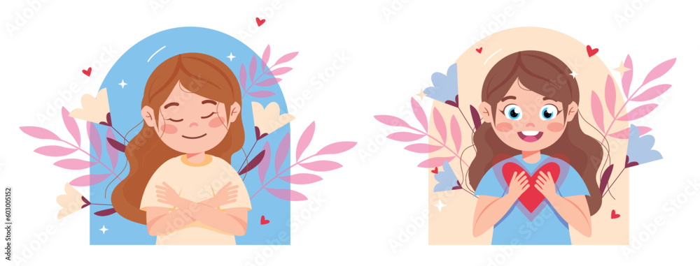 Self-love illustrations, beautiful, love. Self care, love yourself icon or body positive concept. Hugging herself, vector illustration Self-love illustrations, beautiful, love. Self care, love yourself icon or body positive concept. Hugging herself, vector illustration