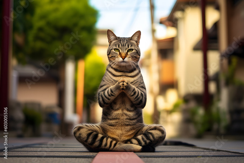 taby cat striking a hilarious yoga pose at street ,no stress concept ai generated art photo