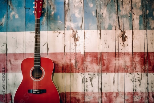 Red acoustic guitar on a faded red white and blue wood background symbolizes country music america 4th of july, americana photo