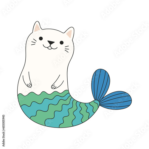 Cute funny cat mermaid swimming in ocean cartoon character illustration. Hand drawn kawaii style design, line art isolated vector. Kids print element, sea fantastical creature, fairy tale aquatic life