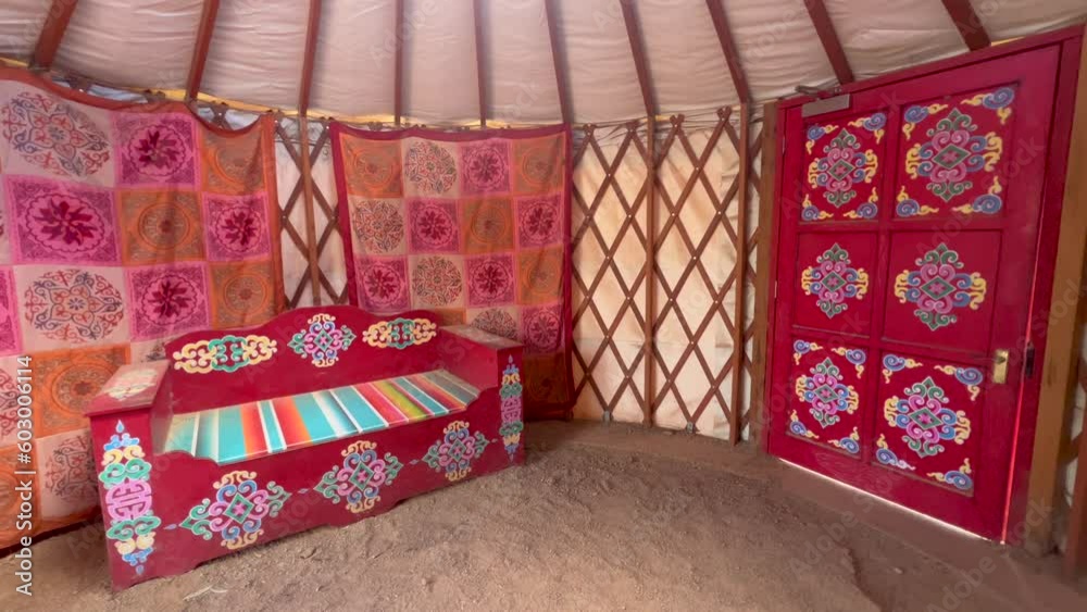 Living room of a a traditional Mongolian yurt ger a portable, round ...
