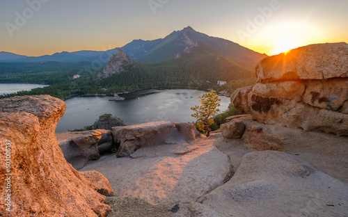 Burabay (Borovoye) national park in Kazakhstan. Panoramic view during sunset. Burabay, Akmola, Kazakhstan. photo