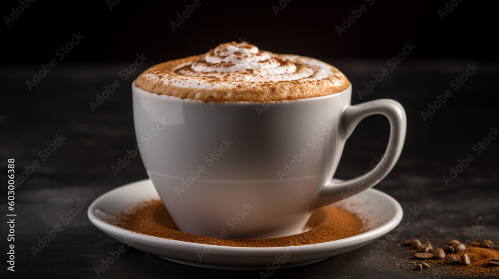A frothy, creamy latte, with delicate latte art and a sprinkle of cocoa powder on top Generative AI