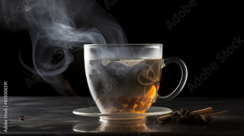 A classic cup of Earl Grey tea, with steam rising from the surface and a delicate tea bag string Generative AI