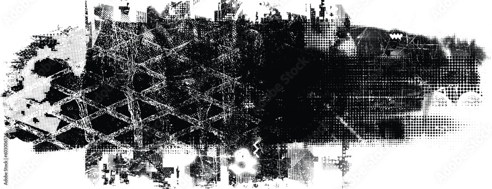 Glitch distorted grunge layer  . Noise destroyed texture . Trendy defect error shapes . Overlay grunge texture . Distressed effect .Vector shapes with a halftone dots screen print texture.